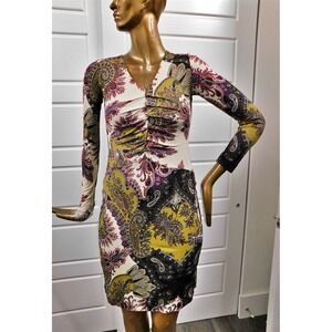 Etro Italy Black Multi Paisley Long‎ Sleeve V-Neck Dress sz 38